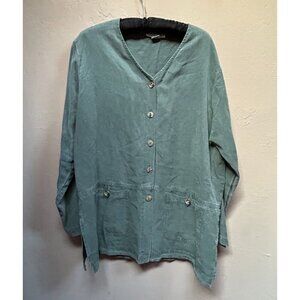 Cotton Wear Womens Lyocell V-Neck Shirt Jacket Large Green Button Front Casual